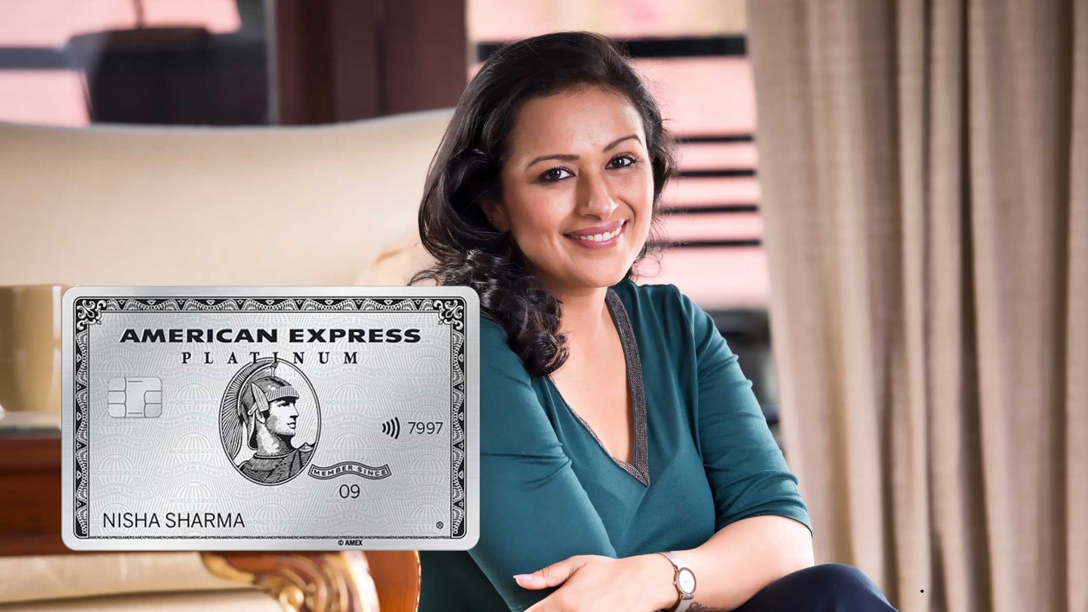 Smiling professional woman relaxing indoors, with a prominent graphic of the American Express Platinum Travel Credit Card overlaid.
