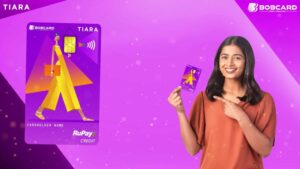 A smiling woman in an orange top holds up a purple credit card with a stylized illustration of a person walking, alongside a larger version of the same credit card. The cards feature "BOBCARD TIARA" and "RuPay CREDIT" branding.