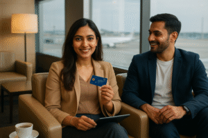 A modern Indian woman sitting with her boyfriend in an airport lounge, smiling while holding a blue credit card, symbolizing premium travel perks and lounge access.