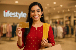 Smiling Indian woman in a red and gold kurta holding up a HDFC Regalia Gold credit card in a Lifestyle store. She is holding a shopping bag and looking directly at the camera.