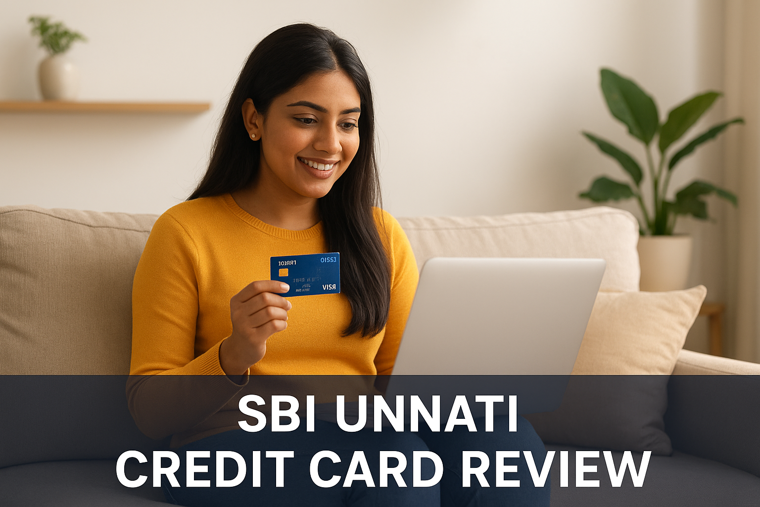 A smiling young Indian woman in a yellow top sitting on a couch, holding an SBI Unnati VISA credit card in her right hand and looking at a laptop. The text "SBI UNNATI CREDIT CARD REVIEW" is overlaid on the bottom.