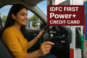 Modern Indian woman at HPCL fuel pump making payment with IDFC FIRST Bank HPCL Power+ Credit Card while driving a right-hand steering car.