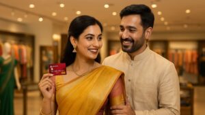 A modern North Indian couple shopping for Karwa Chauth at a jewelry store. The woman, dressed in a reddish-orange silk saree with gold jewelry, smiles while holding an Axis Bank credit card. Her husband stands beside her, looking at her with affection, against a softly lit jewelry showroom background.