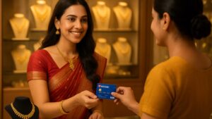 An Indian woman using her HDFC credit card to pay for her jewellery shopping.