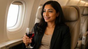 A modern Indian woman relaxing in a business class flight with a glass of wine, representing the premium travel lifestyle made possible by the best air miles credit cards in India.