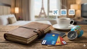 A travel flat-lay showing passport, RuPay, Amex, Mastercard and Visa cards with a notebook, coffee cup, compass and Eiffel Tower view — representing the best internationally accepted credit cards for global travel.