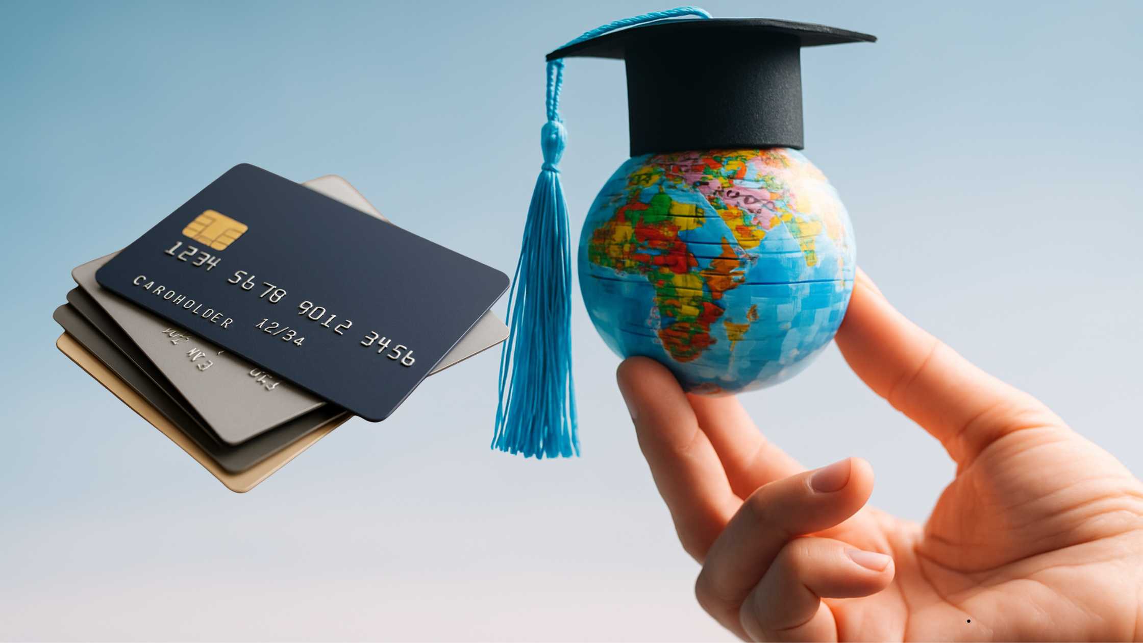 Stack of credit cards next to a small globe wearing a graduation cap, symbolizing students studying abroad and managing international expenses.