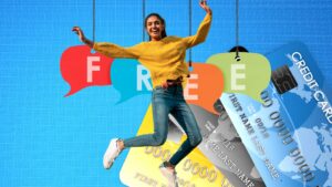 Young woman jumping joyfully with colorful “FREE” labels and multiple credit cards in the background, representing lifetime free credit cards in India.