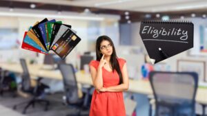 Woman thinking about credit card options and eligibility checks — credit card eligibility in India explained.