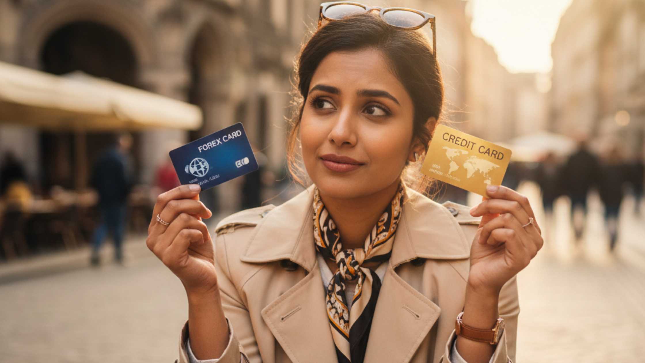 A woman comparing a forex card vs credit card in India while traveling abroad.