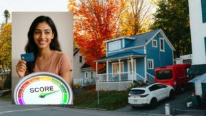 A young Indian woman holding a credit card with a credit score meter in front of a home backdrop, representing how to build credit score in India as an NRI.
