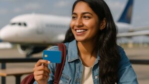 Young Indian woman at an airport holding a credit card, representing how to choose credit card for foreign travel.