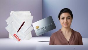 A young NRI woman holding a credit card beside a stack of bills, representing how to pay Indian credit card from abroad.