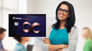 Smiling Indian woman with folded arms beside a Kotak Solitaire Credit Card – symbolising premium lifestyle and confidence