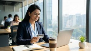 Salaried professional using the best credit card for salary account at her office desk in India