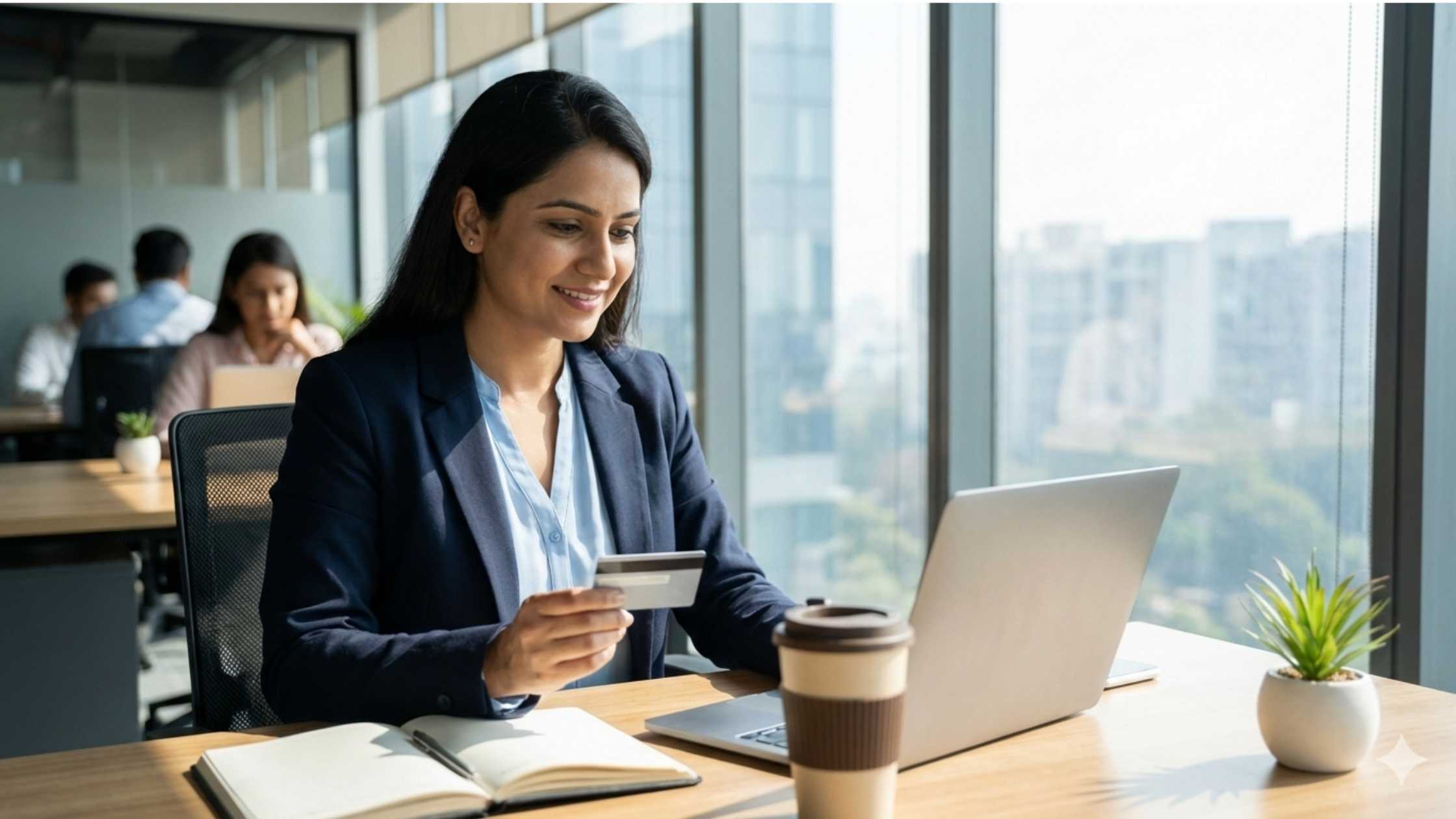 Salaried professional using the best credit card for salary account at her office desk in India