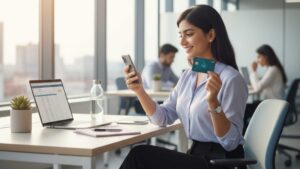 A young Indian woman in a modern office smiling at her phone while holding a credit card, representing beginners exploring credit cards for low income in India.