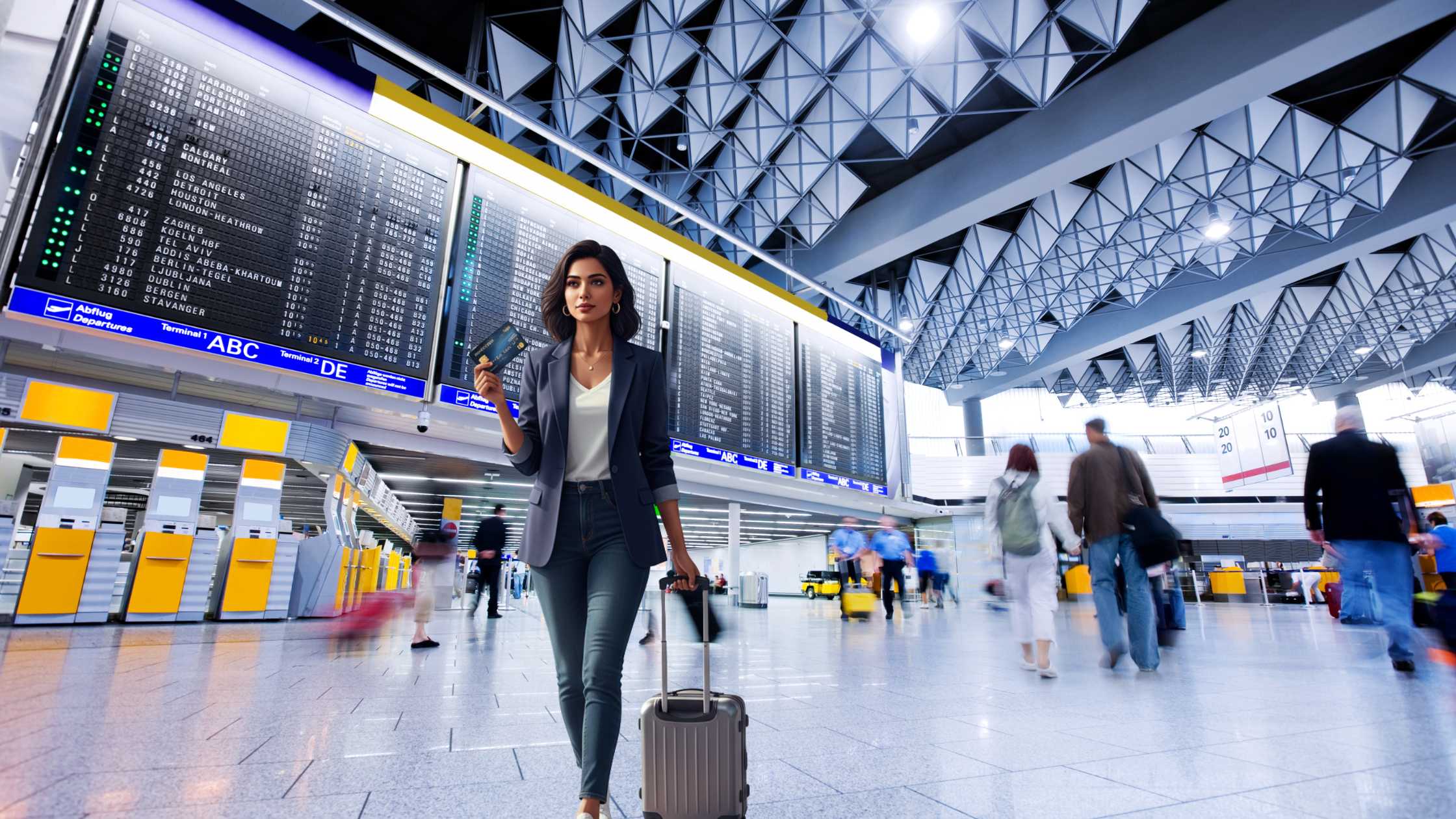 A confident NRI woman walking through an international airport holding a premium credit card and suitcase, representing premium NRI credit cards in India.