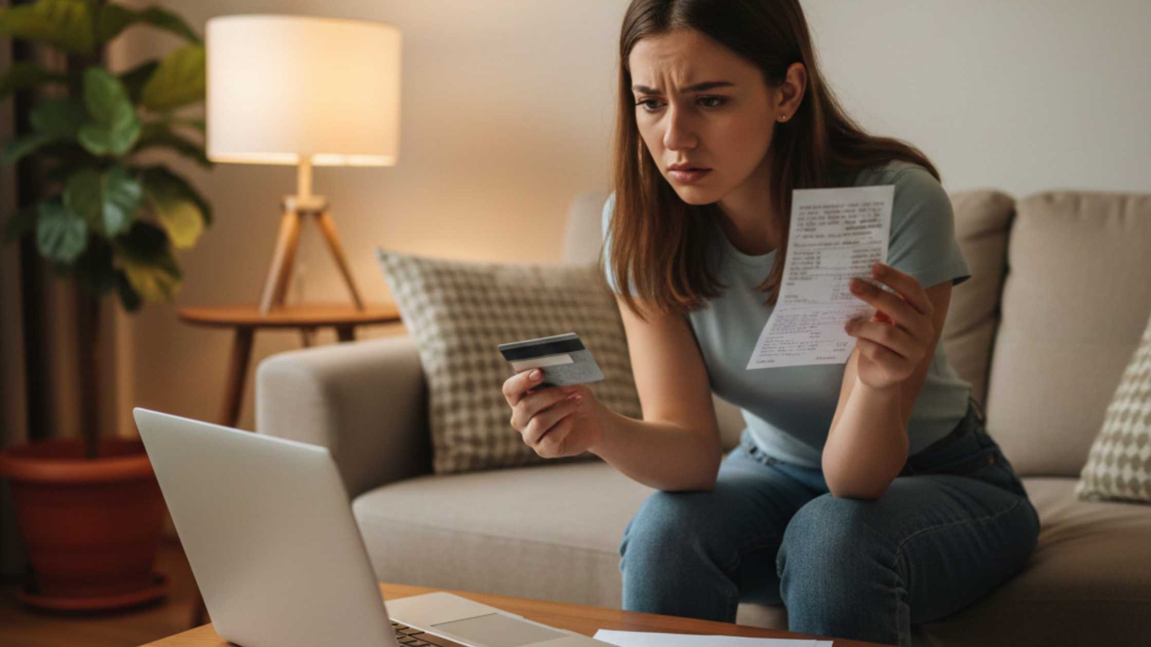 A young woman sitting on her couch, looking worried while checking her credit card bill and card, representing confusion about credit card fees in India.