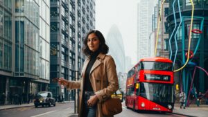 A modern Indian woman holding a credit card in London with a red double-decker bus and city buildings in the background — HSBC Premier Credit Card Review feature image.
